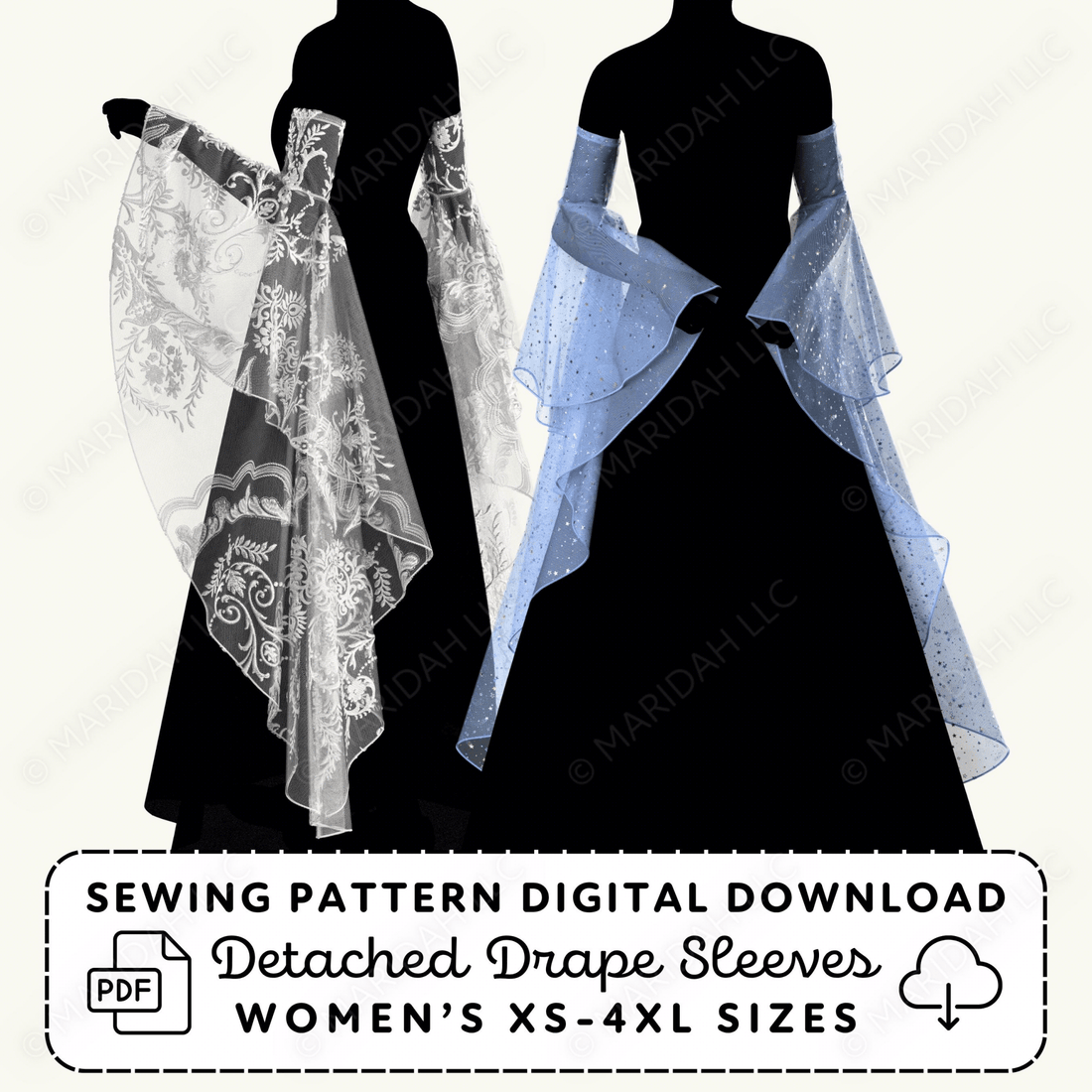 Black dress with detachable drape sleeves on a white background, featuring sewing pattern digital download text.