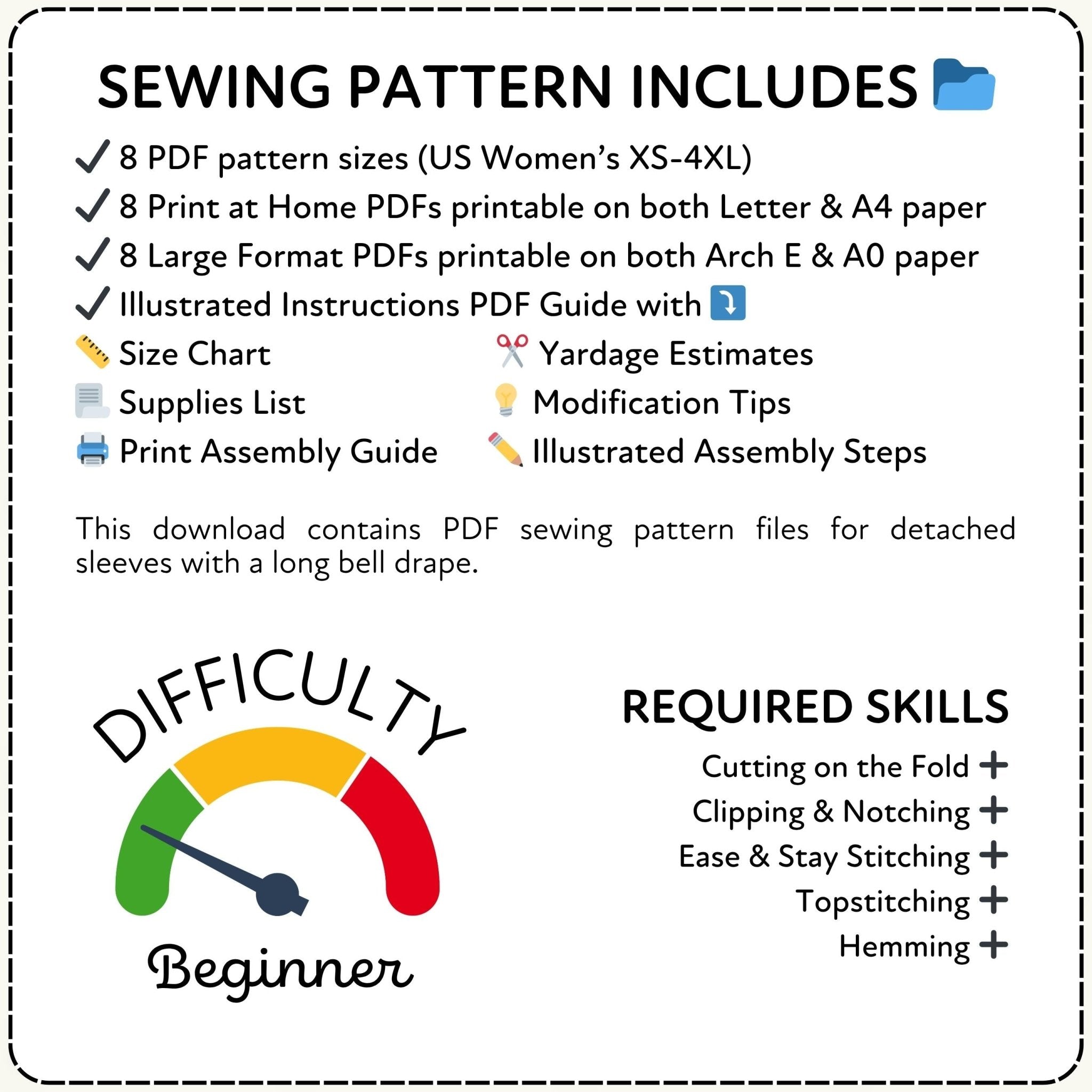 Sewing pattern information with difficulty rating and required skills listed.