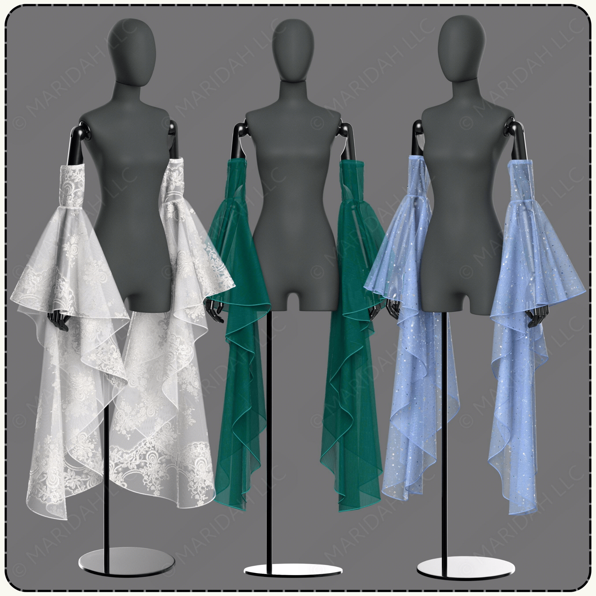 Three mannequins wearing different colored lace dresses on gray backgrounds.