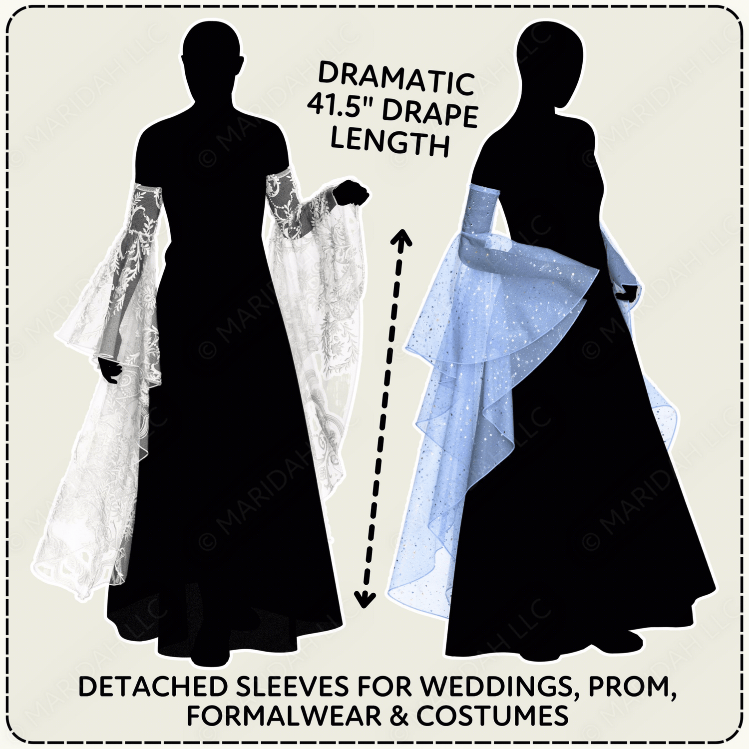 Silhouette of a woman wearing a long dress with detached sleeves, showing drape length and details.