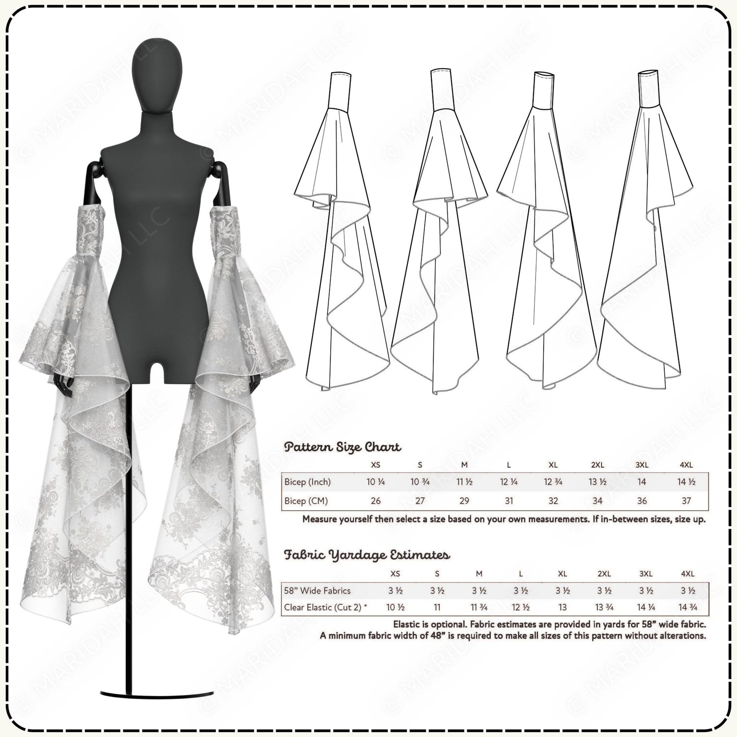 Fashion design pattern with mannequin, fabric swatches, and size chart on a white background