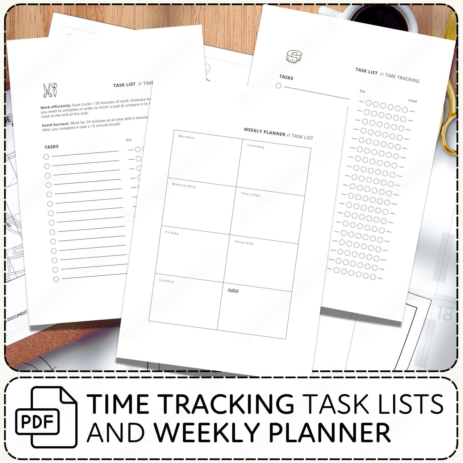 Time tracking task lists and weekly planner on a wooden surface with a coffee cup.