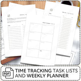 Time tracking task lists and weekly planner on a wooden surface with a coffee cup.