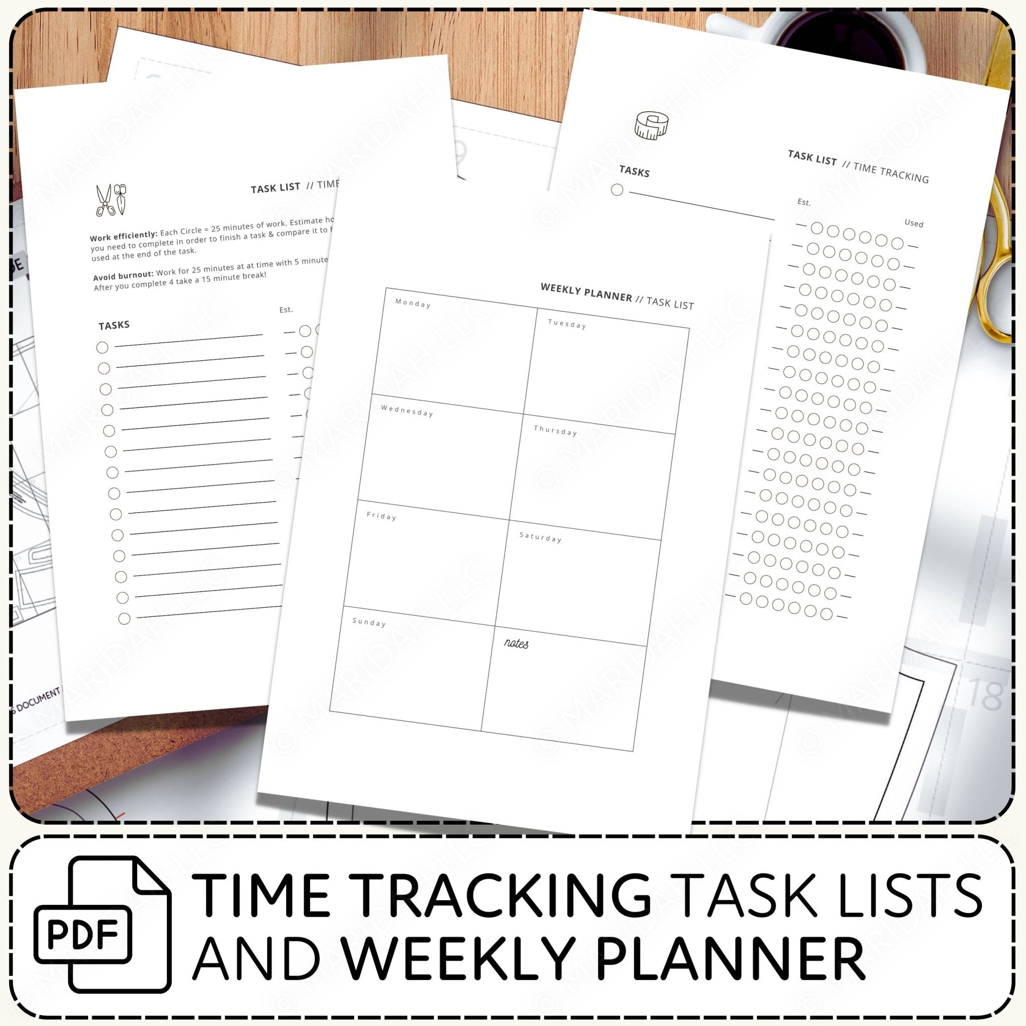 Time tracking task lists and weekly planner on a wooden surface with a coffee cup.