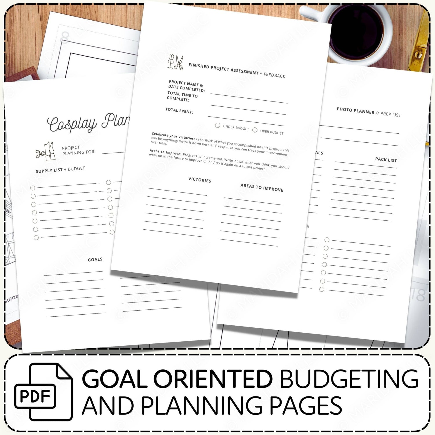Goal-oriented budgeting and planning pages on a wooden surface with a cup of coffee.