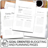 Goal-oriented budgeting and planning pages on a wooden surface with a cup of coffee.