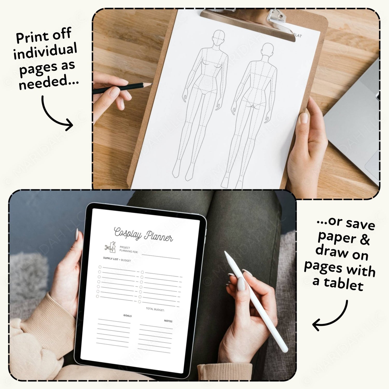 Collage of fashion design sketches and a tablet with a planner app on a wooden table.