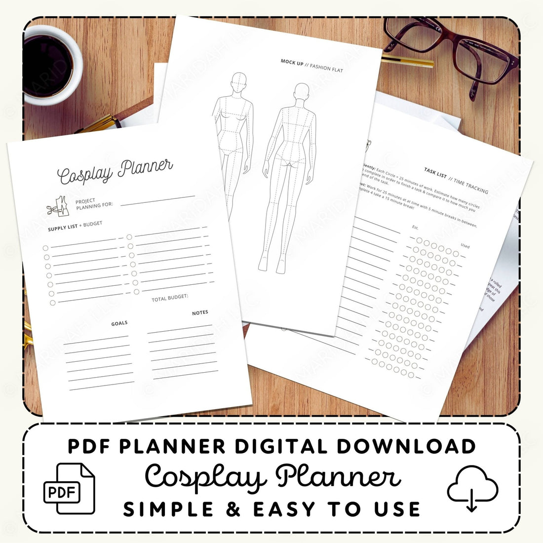 Cosplay planner sheets on a wooden surface with a cup of coffee and glasses.