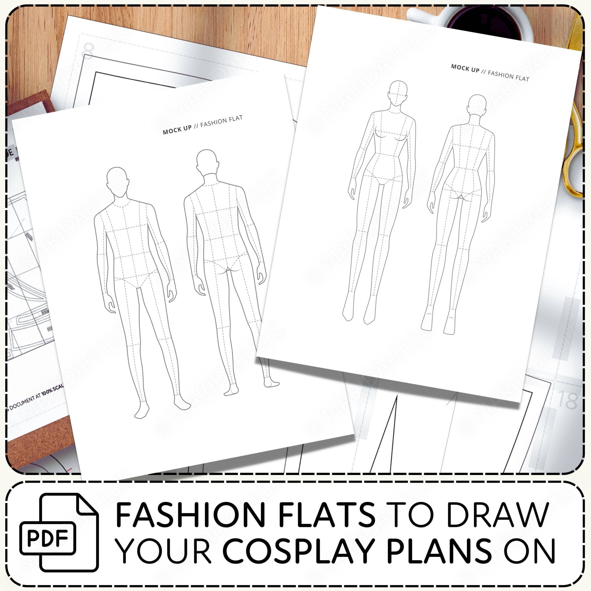 Fashion flat templates for drawing cosplay plans on a wooden surface.