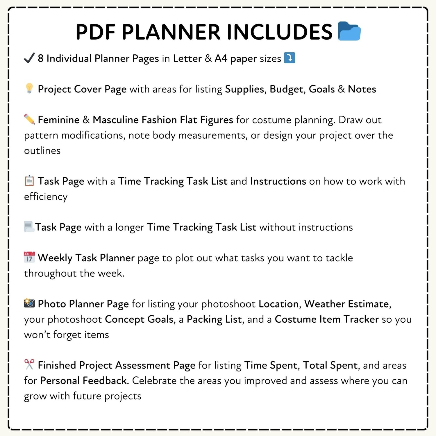 PDF planner features with text description on a white background