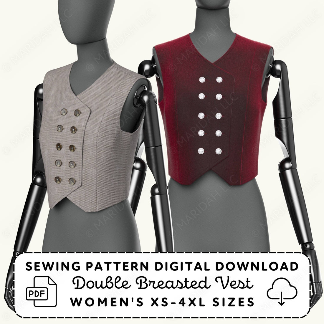 Two mannequins wearing double-breasted vests with a sewing pattern digital download label.