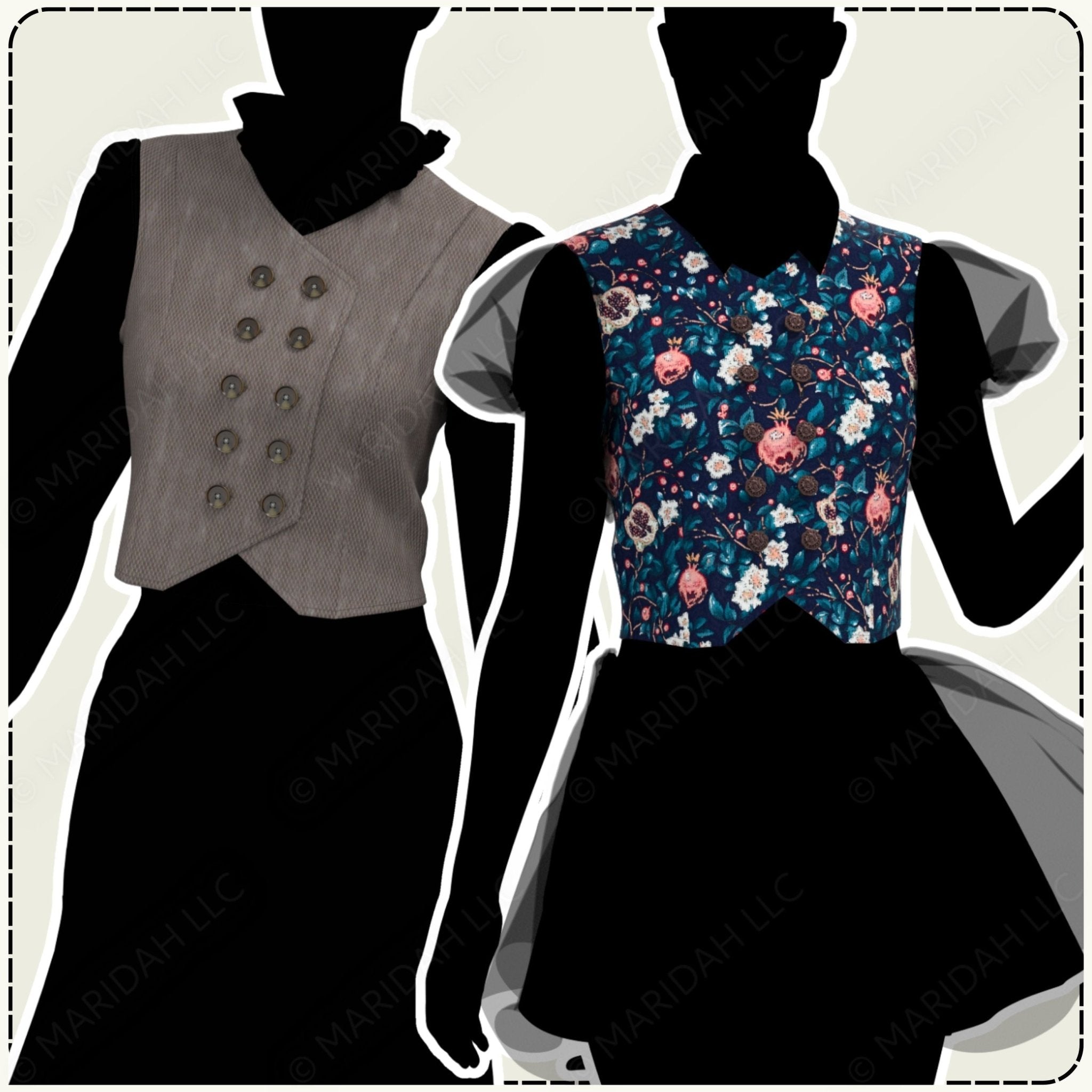 Two vests on mannequins, one gray with button details and the other floral patterned.