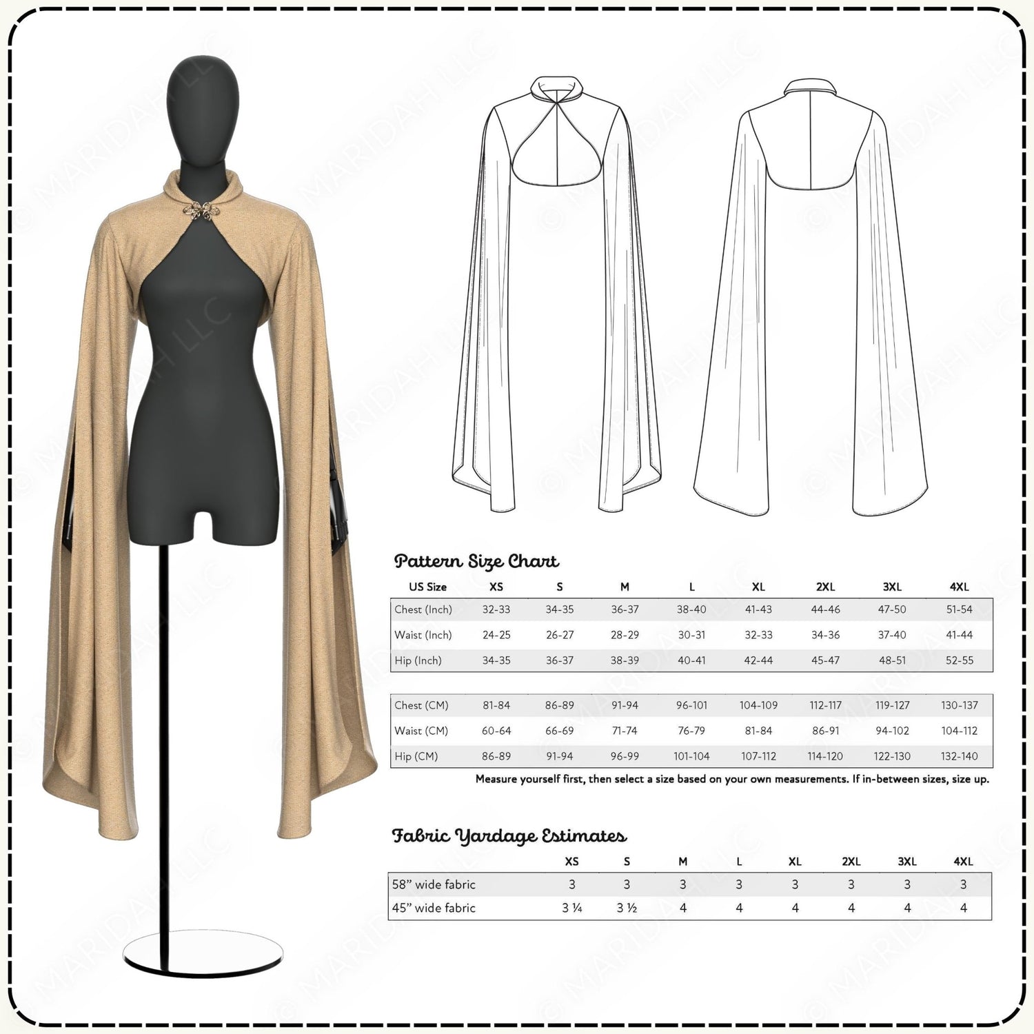 Mannequin wearing a black and beige outfit with pattern size chart and fabric yardage estimates.