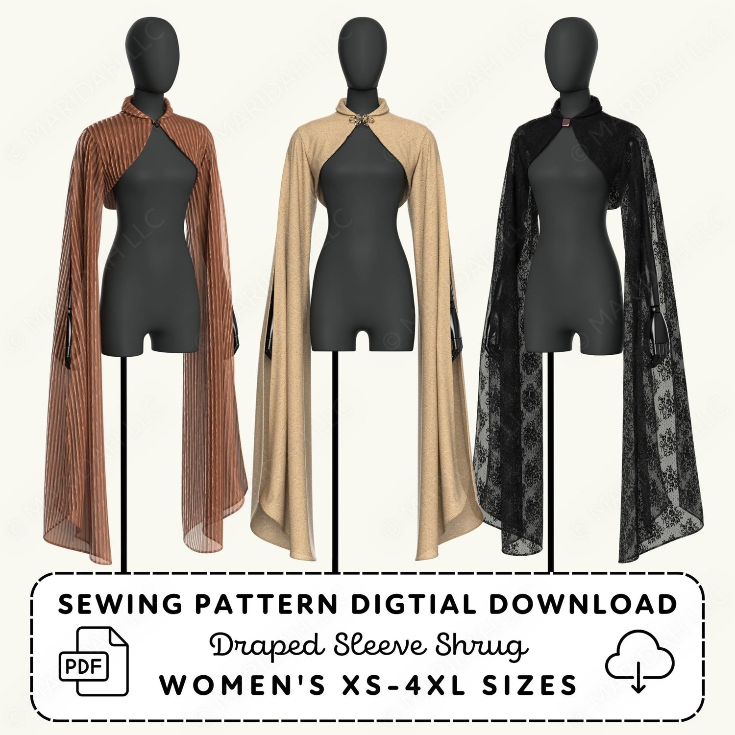 Three mannequins wearing draped sleeve shrugs in different colors with a sewing pattern digital download text.