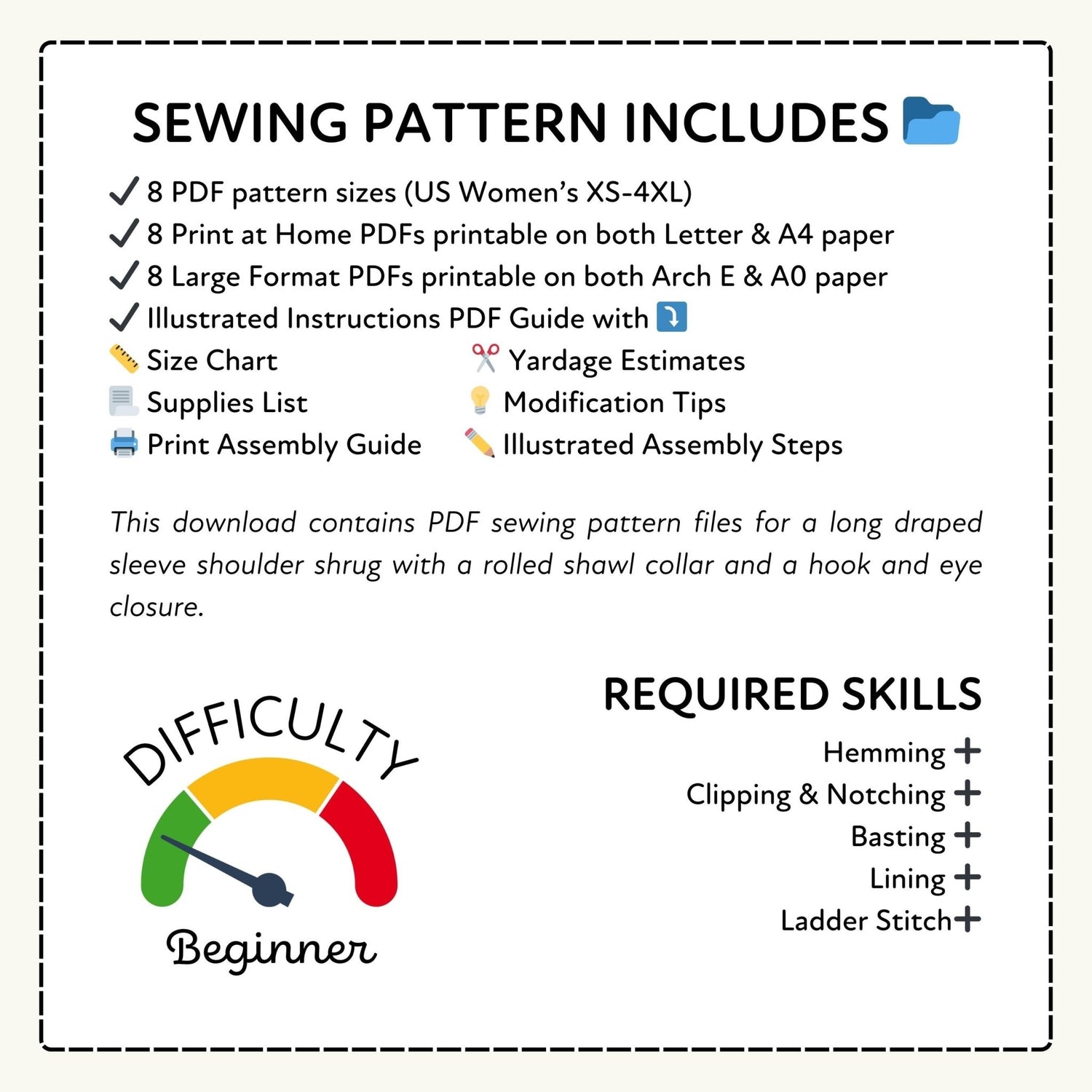 Sewing pattern information with required skills and difficulty level on a white background