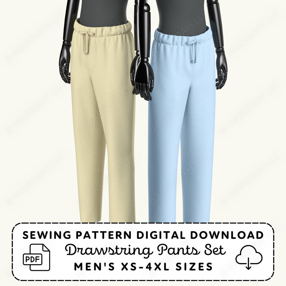Two mannequins wearing beige and light blue drawstring pants with a sewing pattern digital download text overlay.