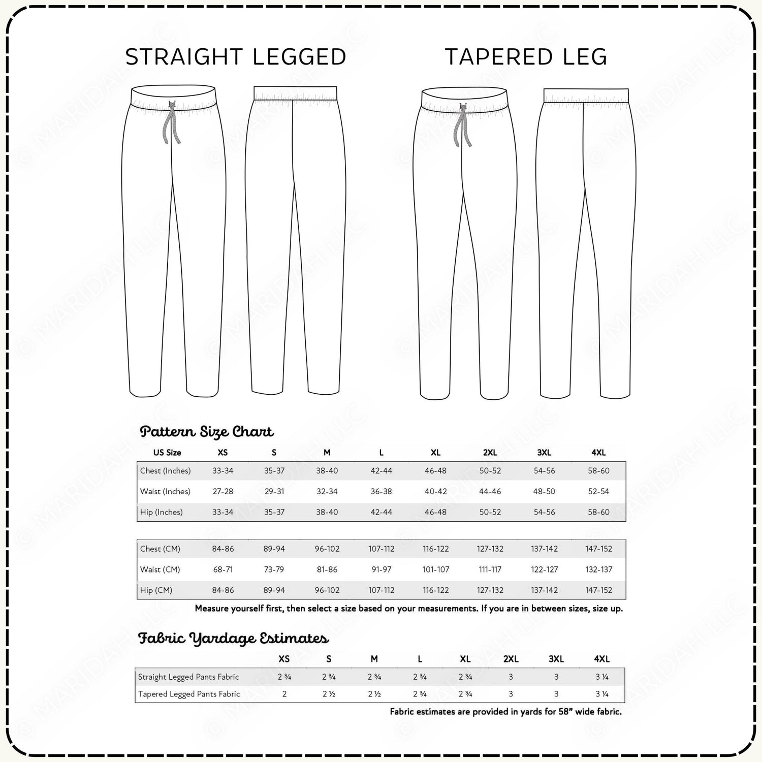 a pair of straight leggings and a pair of taped leggings, both in different sizes, as indicated by the size chart and fabric yardage estimates.