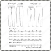 a pair of straight leggings and a pair of taped leggings, both in different sizes, as indicated by the size chart and fabric yardage estimates.