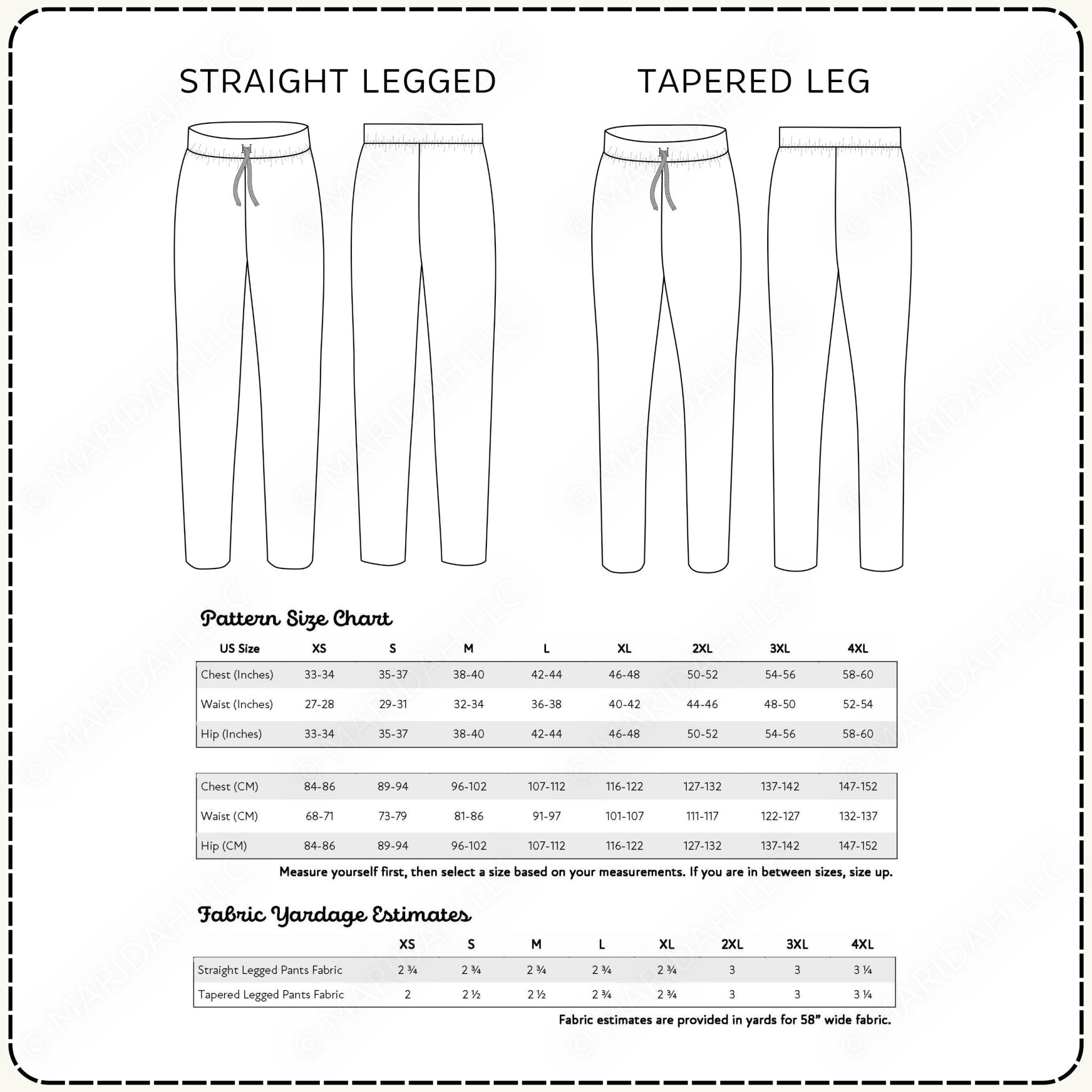 Pants with straight leg and tapered leg styles, size chart, and fabric yardage estimates.