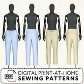 four mannequins wearing different colored pants, arranged in a row.