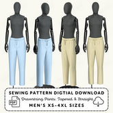 four mannequins wearing different colored pants, including light blue, light beige, and dark gray.