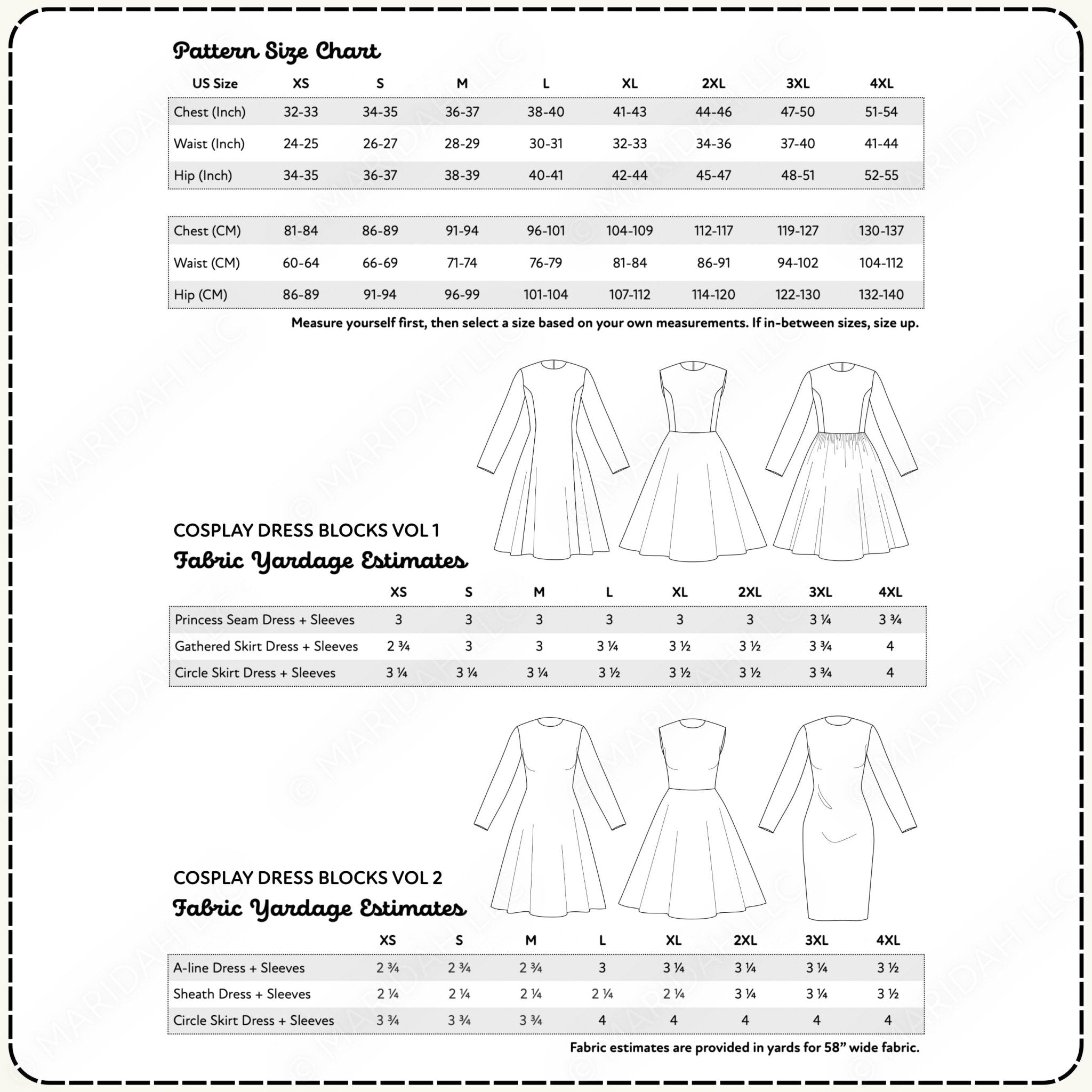 Pattern size chart and fabric yardage estimates for cosplay dresses on a white background