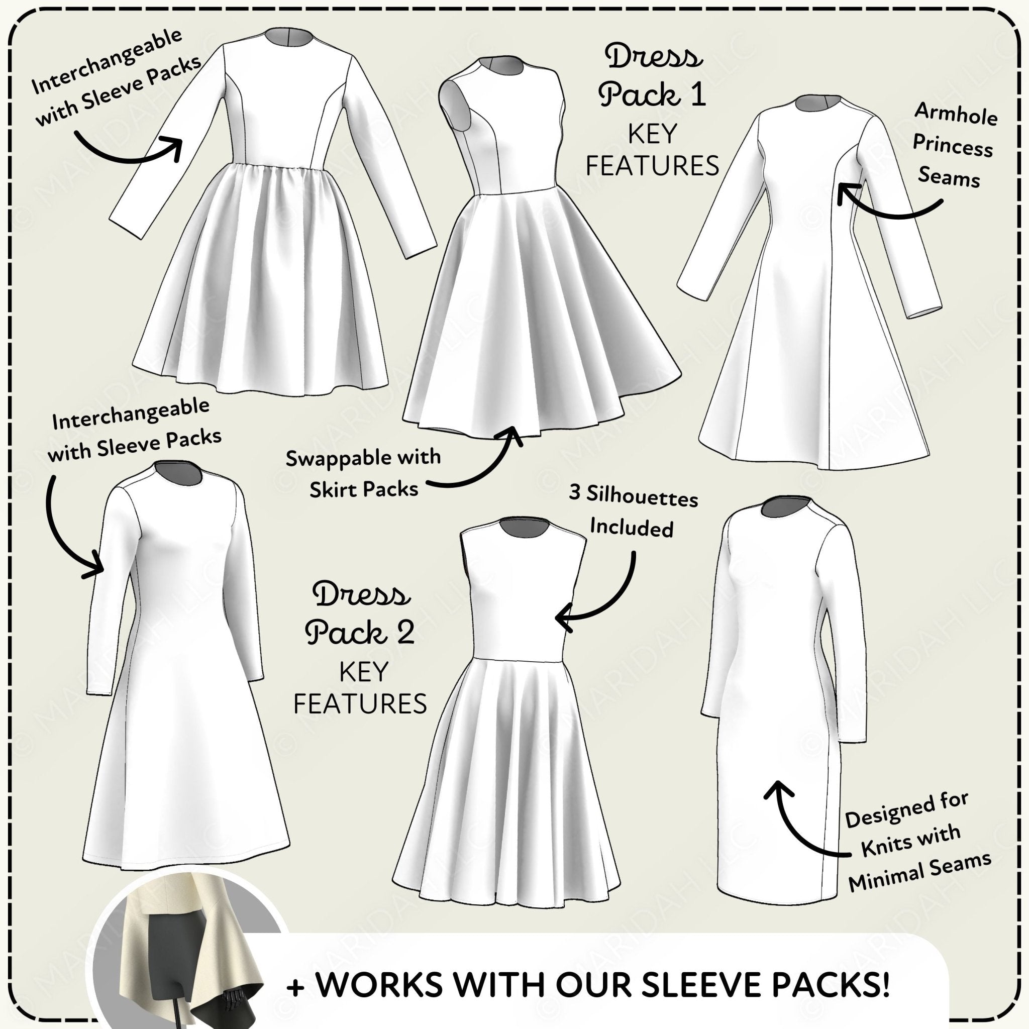 Dress design pack with various dress styles and features on a beige background