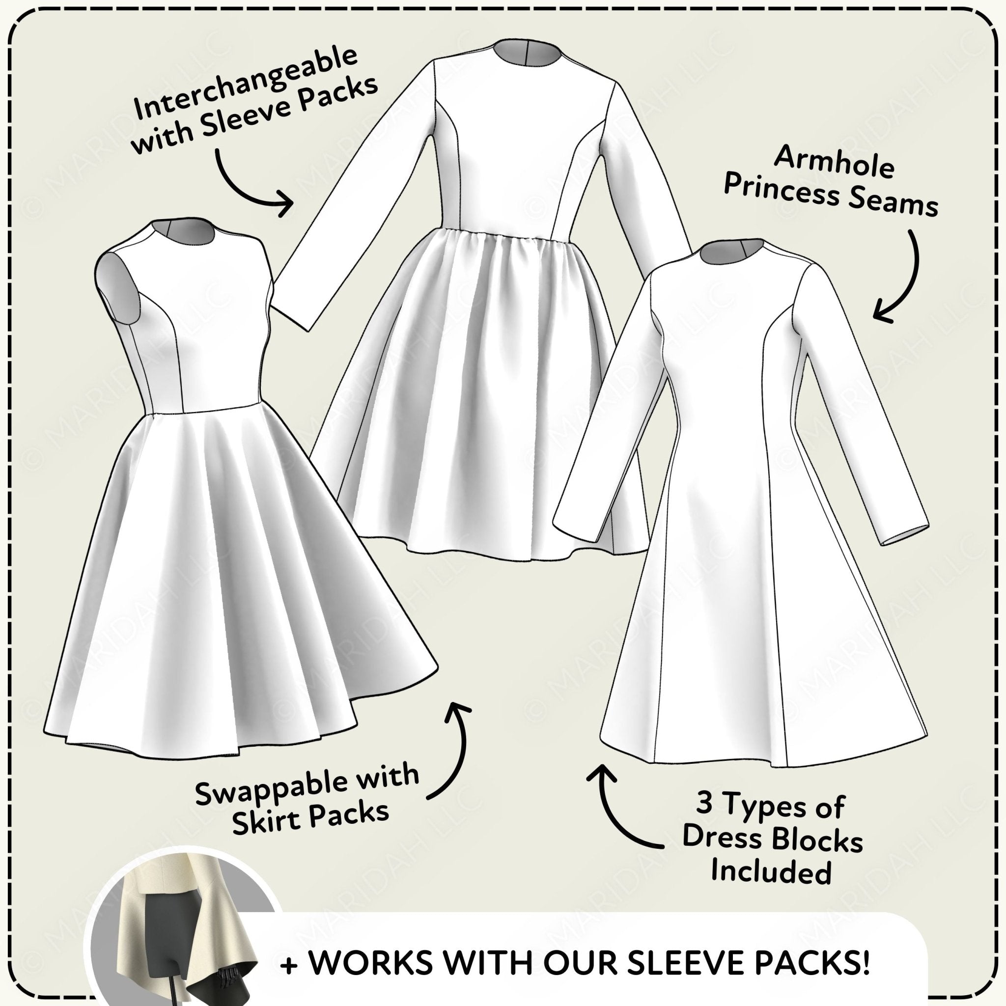 Diagram of a dress with interchangeable parts on a beige background