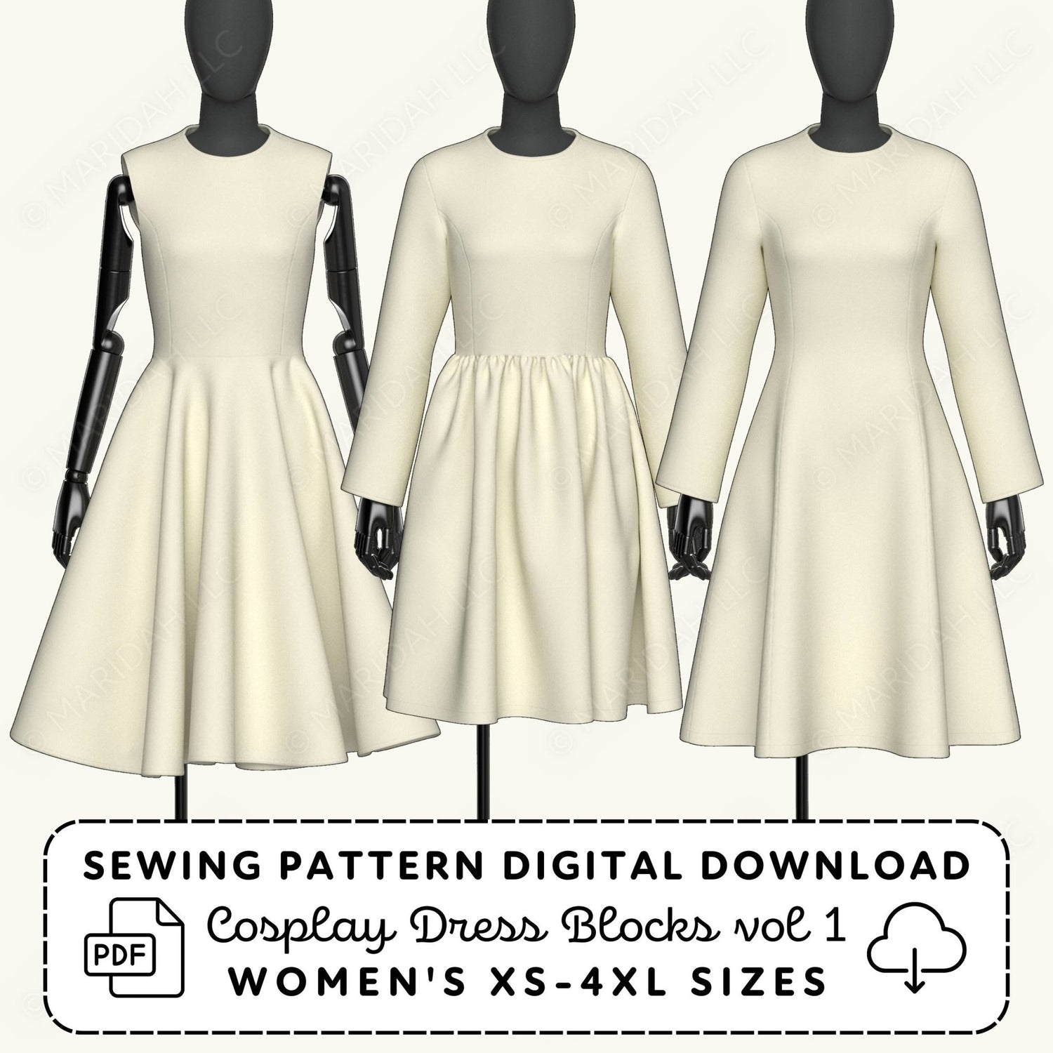 Three mannequins wearing white dresses with a sewing pattern digital download text overlay.