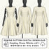Three mannequins wearing white dresses with a sewing pattern digital download text overlay.
