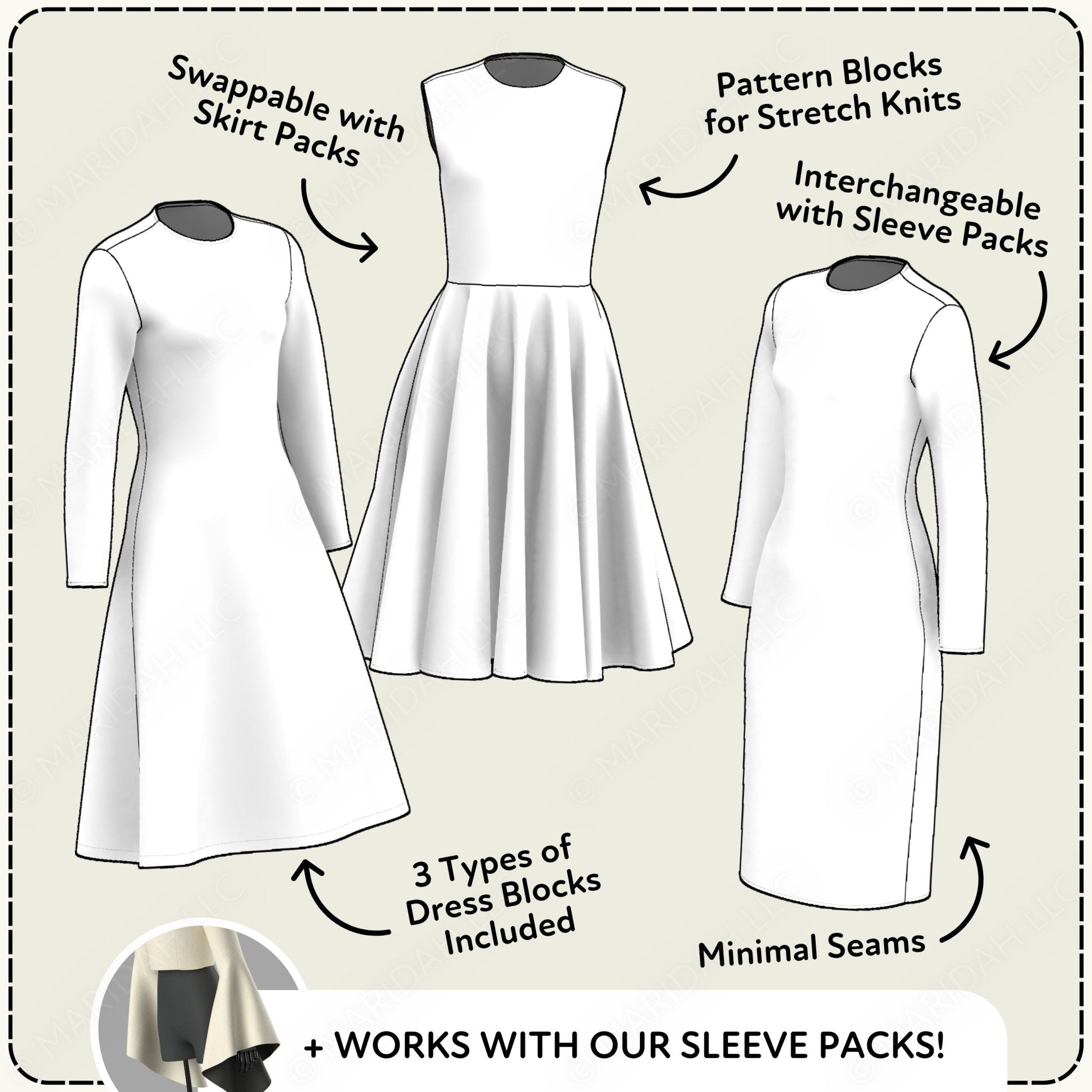Diagram of a dress with various interchangeable parts on a beige background