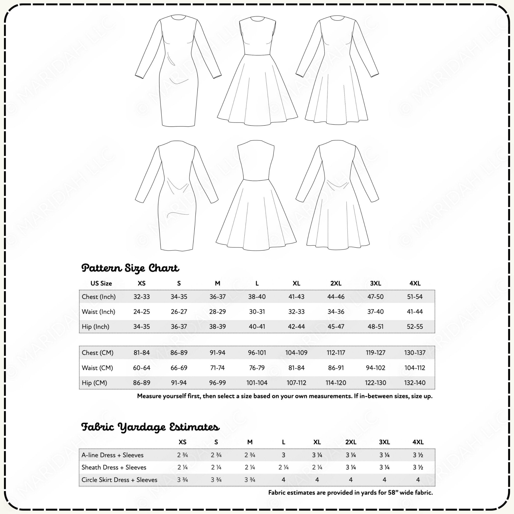 Dress pattern with size chart and fabric yardage estimates