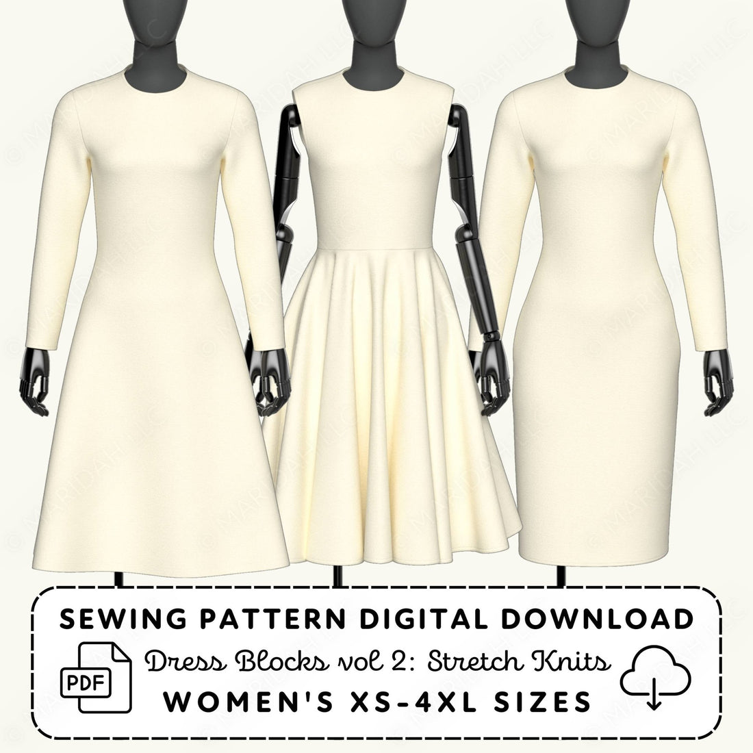 Three mannequins wearing cream dresses with a sewing pattern digital download text overlay.