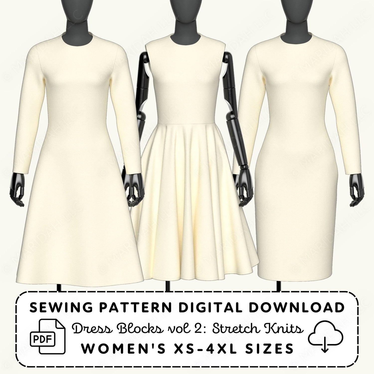 Three mannequins wearing cream dresses with a sewing pattern digital download text overlay.