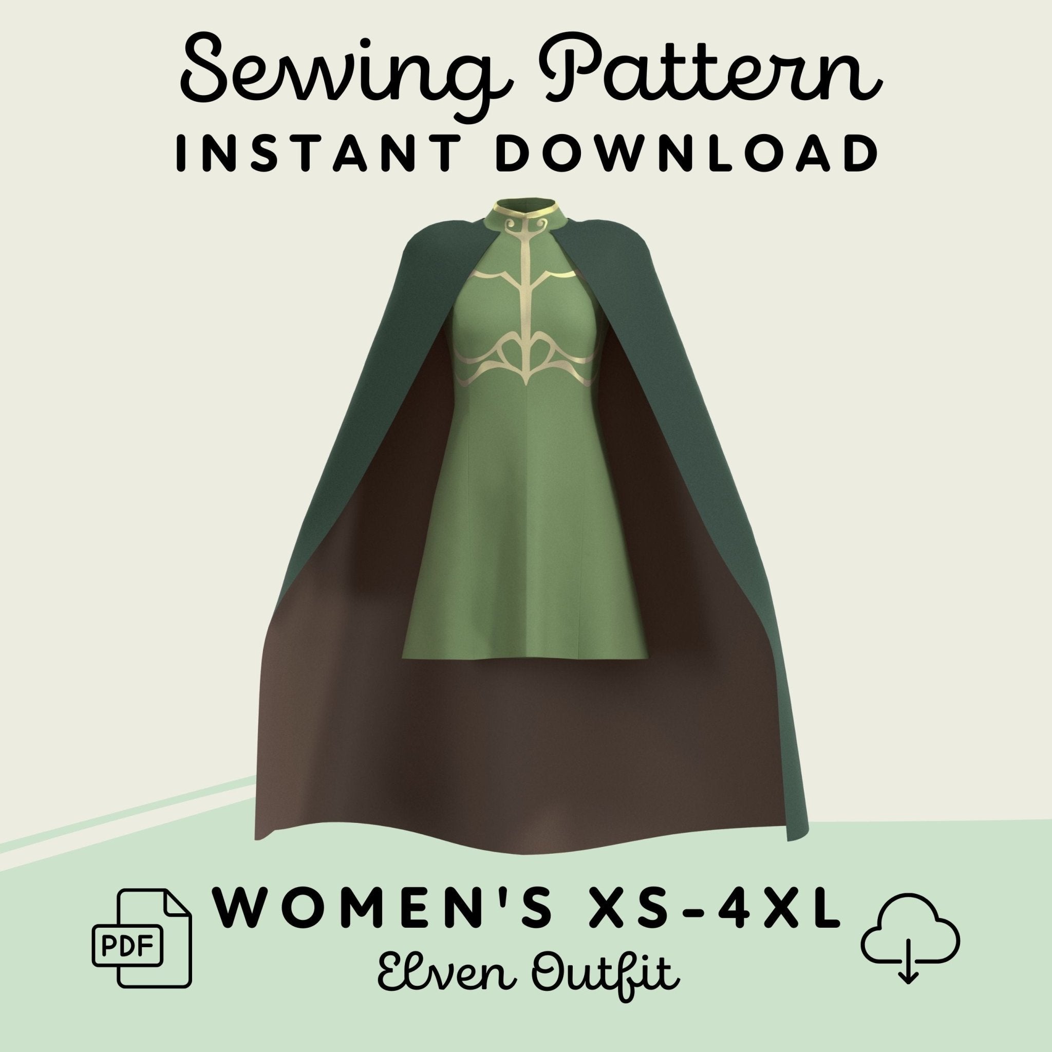Illustration of an elven costume with a green and brown color scheme, consisting of a sleeveless dress and a matching cape, labeled as a &