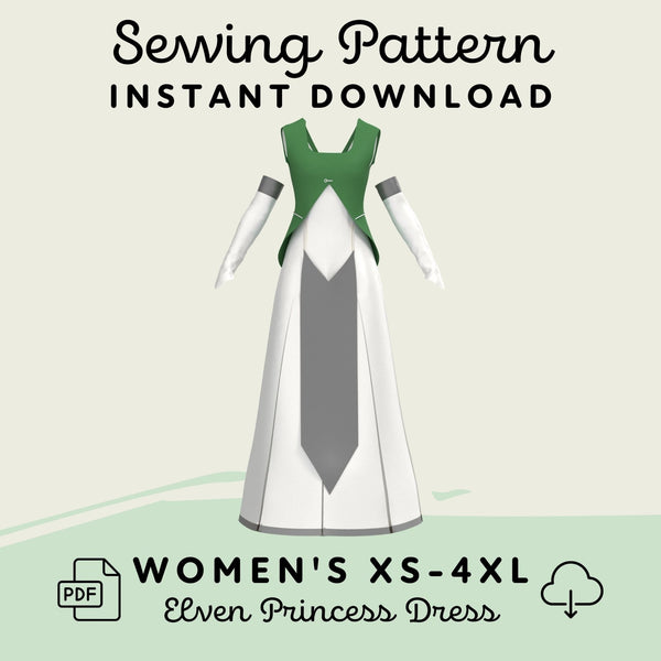 An illustrated representation of a white and green elven princess dress with a sewing pattern label and a disclaimer stating 'SEWING PATTERN INSTANT DOWNLOAD'.