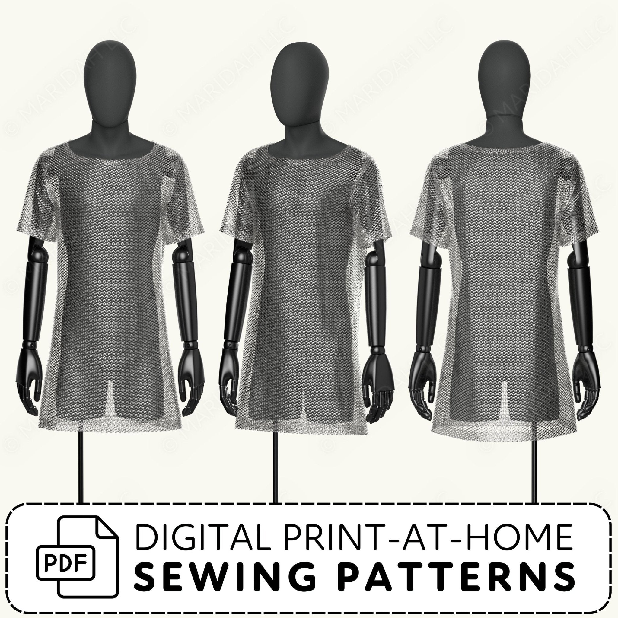 Three mannequins wearing mesh shirts with digital print-at-home sewing patterns text.