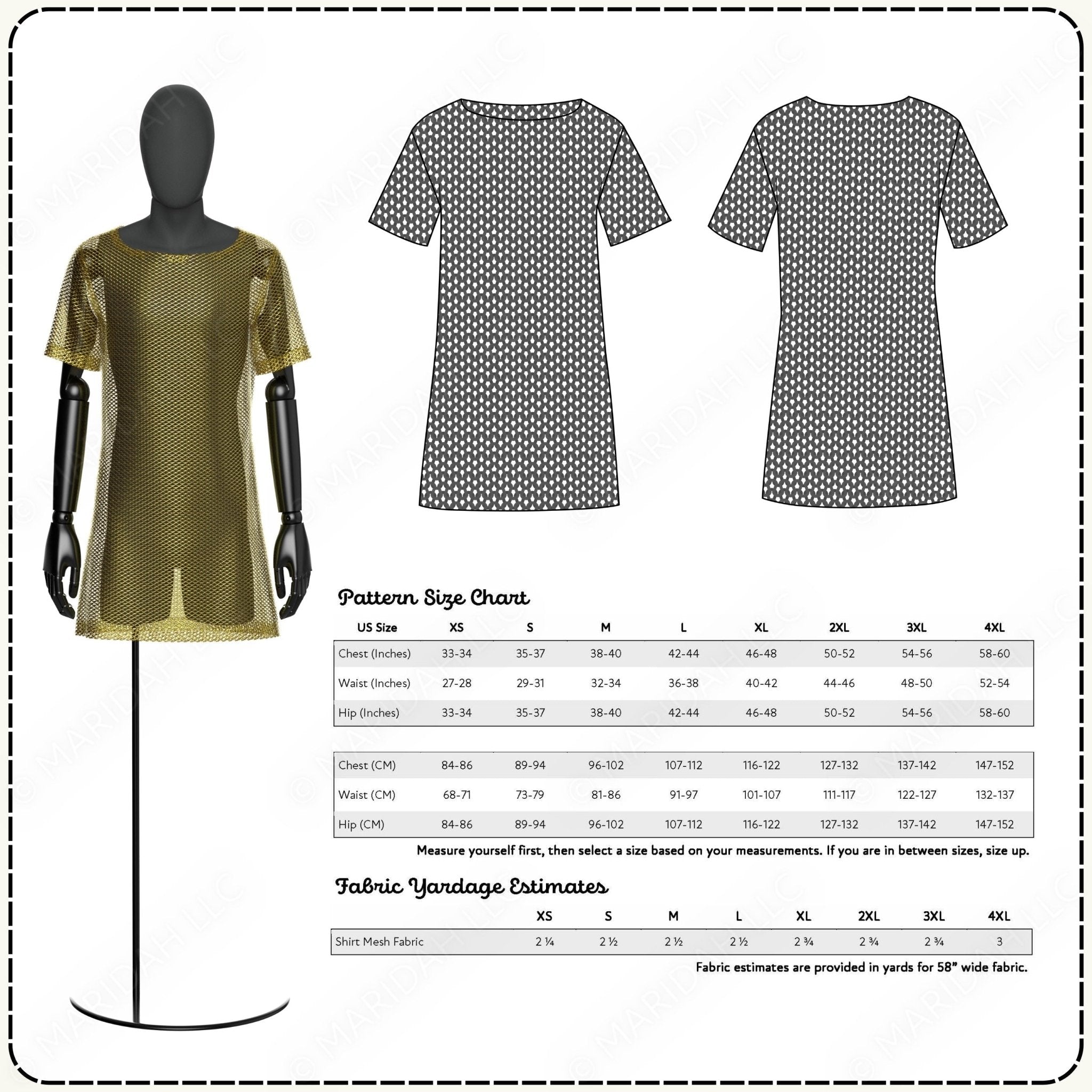 Shirt pattern with size chart and fabric yardage estimates on a white background