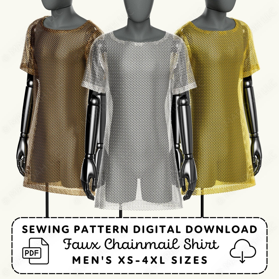 Three mannequins wearing chainmail shirts in brown, gray, and yellow with a sewing pattern digital download text.