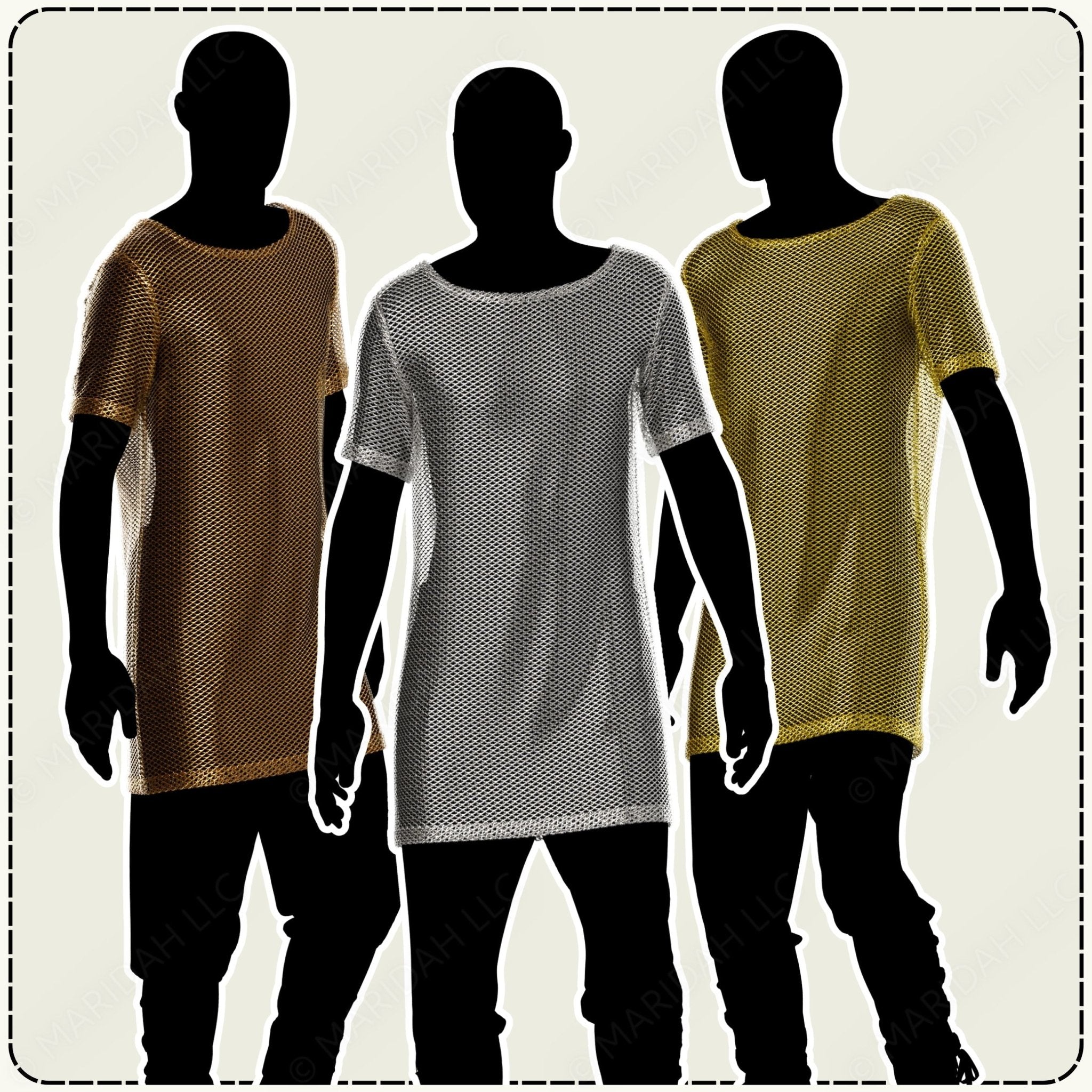 Three mannequins wearing long, loose-fitting shirts in brown, gray, and yellow on a plain background.