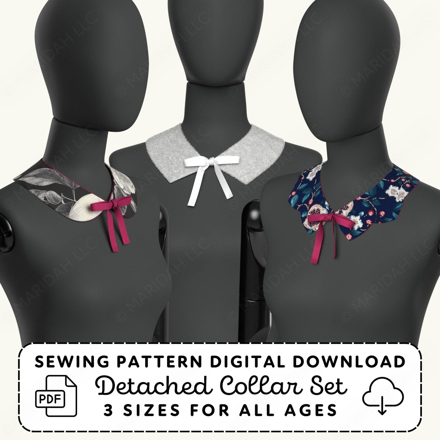 Three mannequins wearing detachable collars with sewing pattern digital download text.