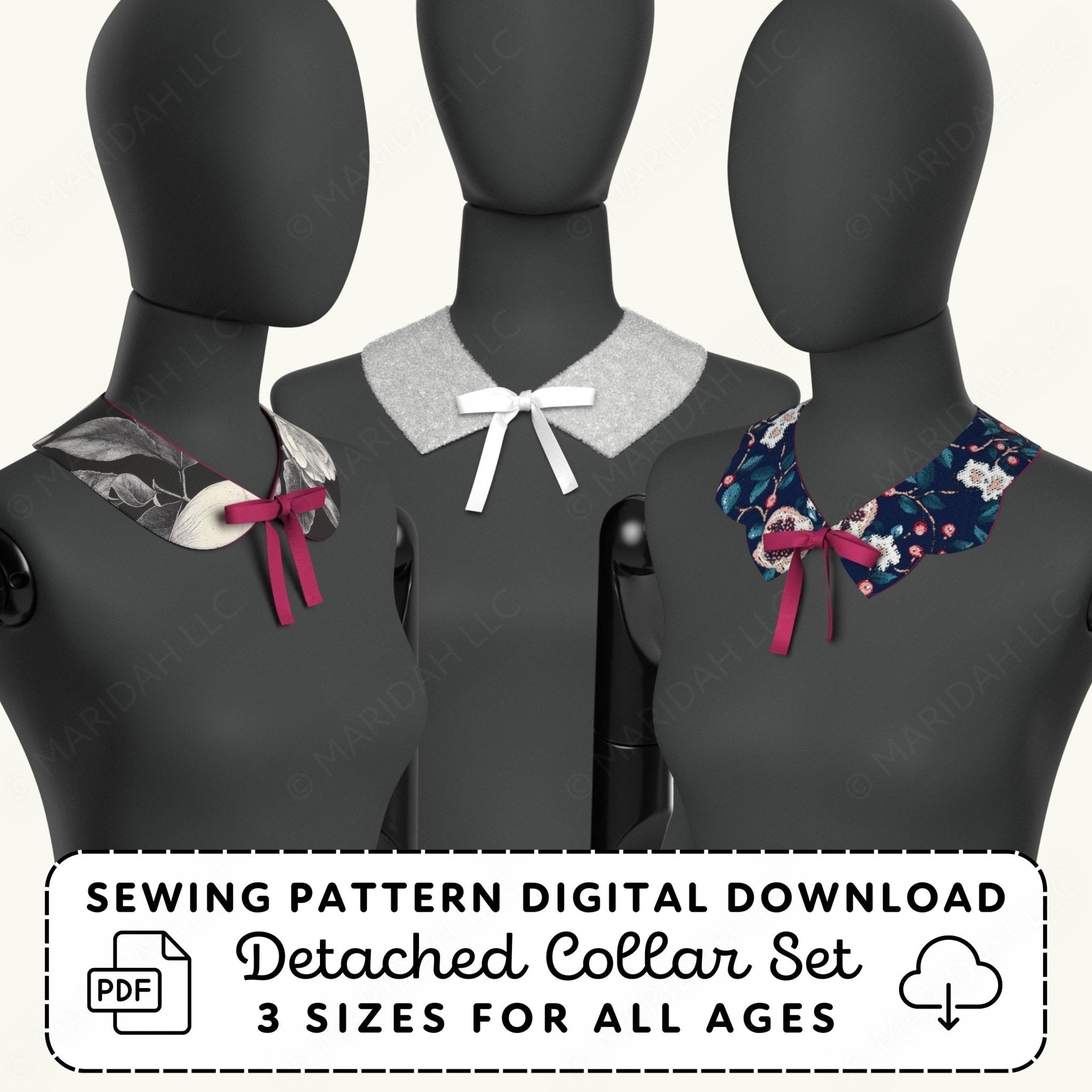 Three mannequins wearing detachable collars with sewing pattern digital download text.