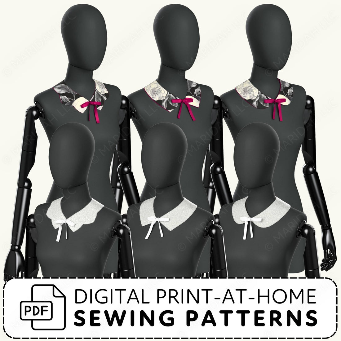 Black mannequins with various detached collars and a digital print-at-home sewing patterns label.