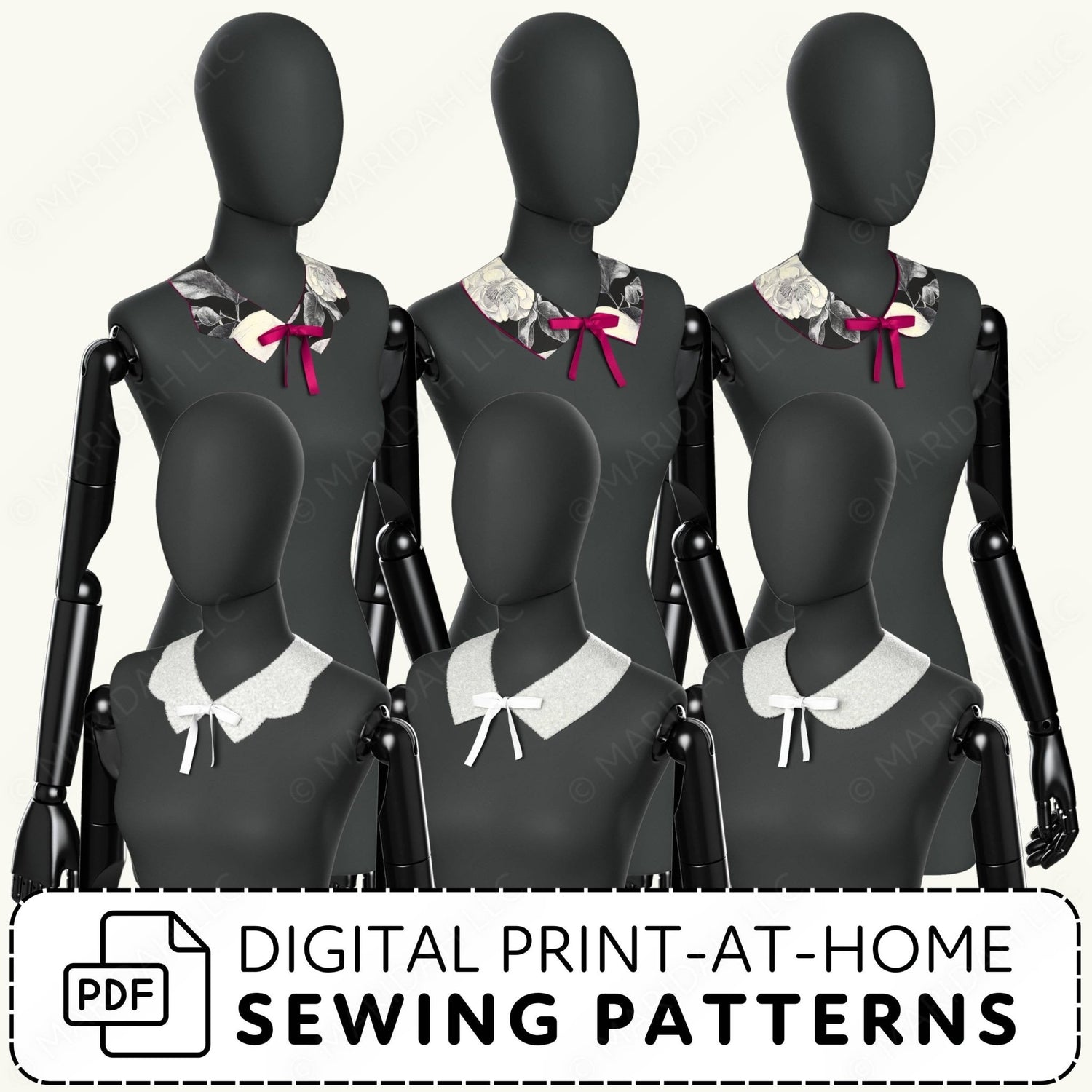 Black mannequins with various detached collars and a digital print-at-home sewing patterns label.