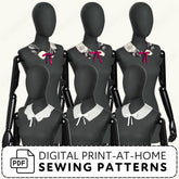 Black mannequins with various detached collars and a digital print-at-home sewing patterns label.