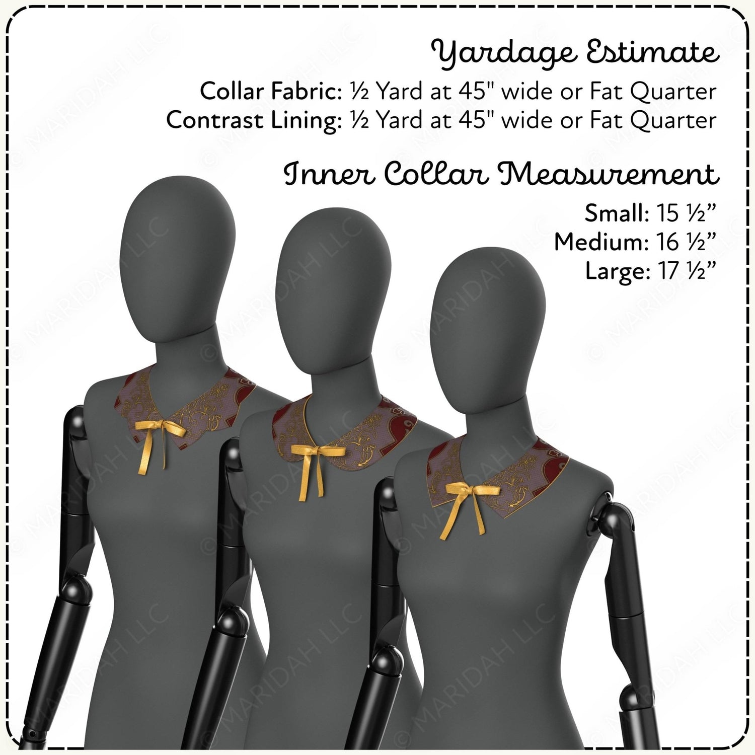 Three mannequins with different inner collar measurements on a white background