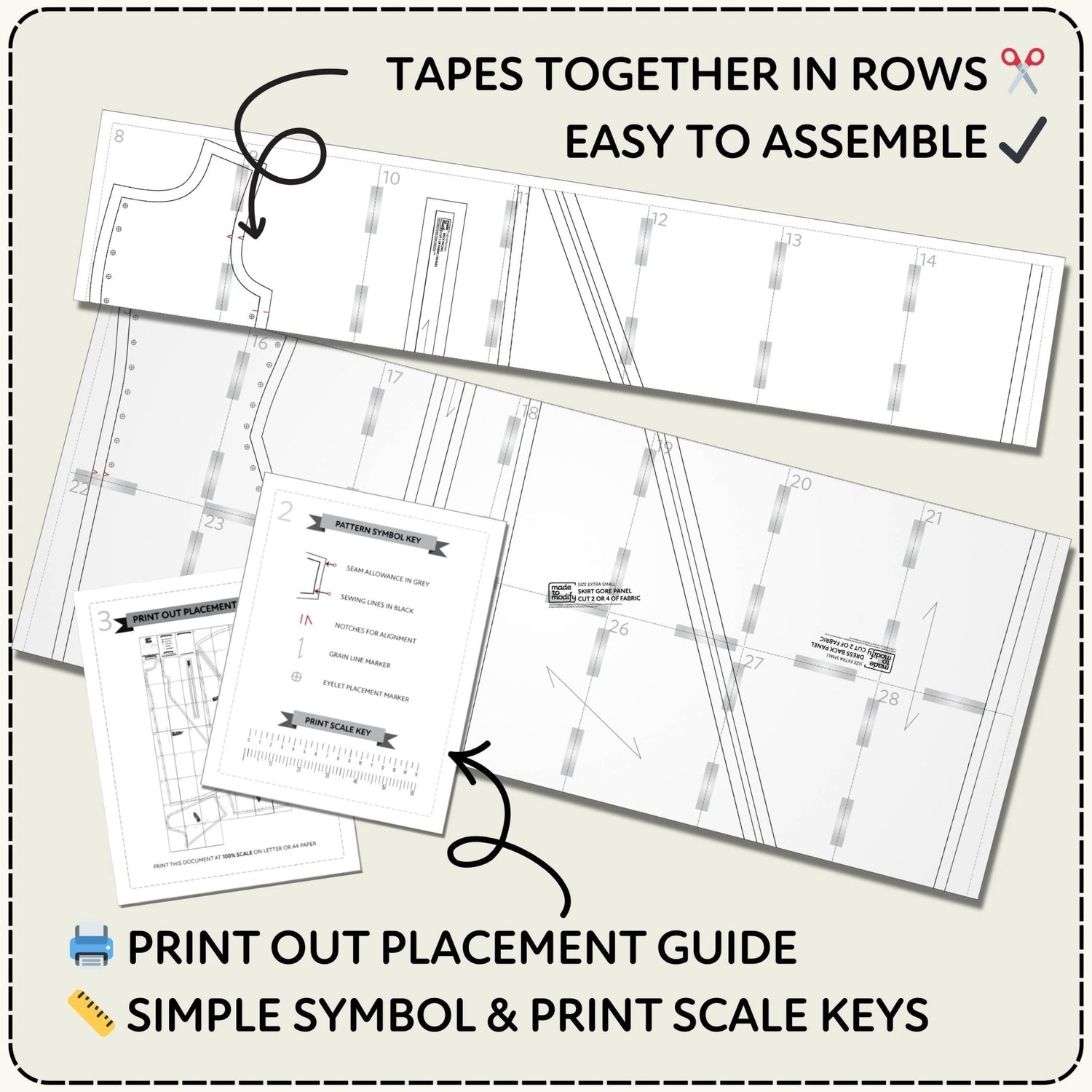 Set of printed sewing patterns with text instructions on a light background