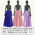 Three mannequins wearing gathered ballroom skirts in blue, pink, and purple on a white background.