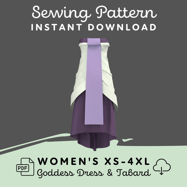 A sewing pattern download featuring a white and purple goddess dress with a decorative tabard, indicating the product is suitable for women's sizes XS-4XL.
