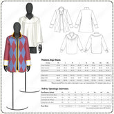 Pattern for a jacket with mannequin display and size chart on a white background